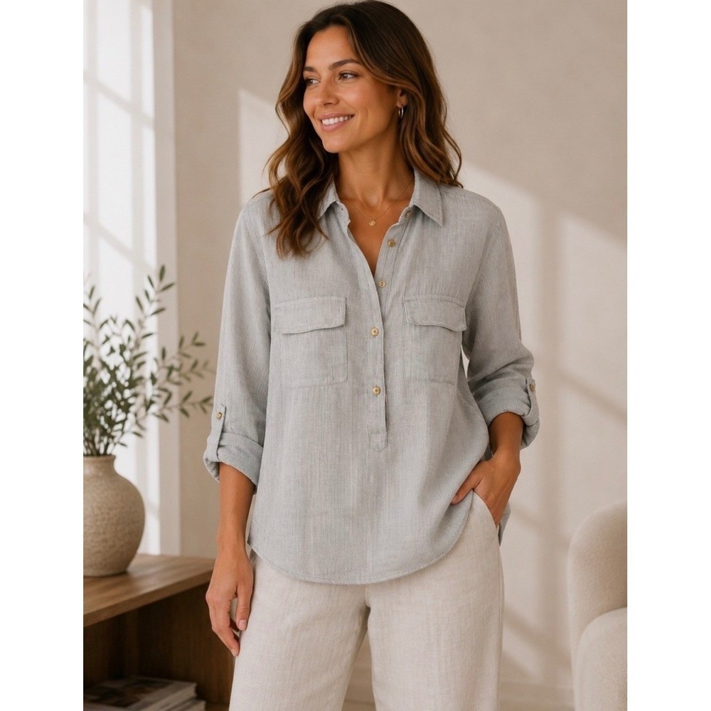 Ellen Tracy 100% Linen Gray White Striped Tunic Roll Tab Sleeve Top Small